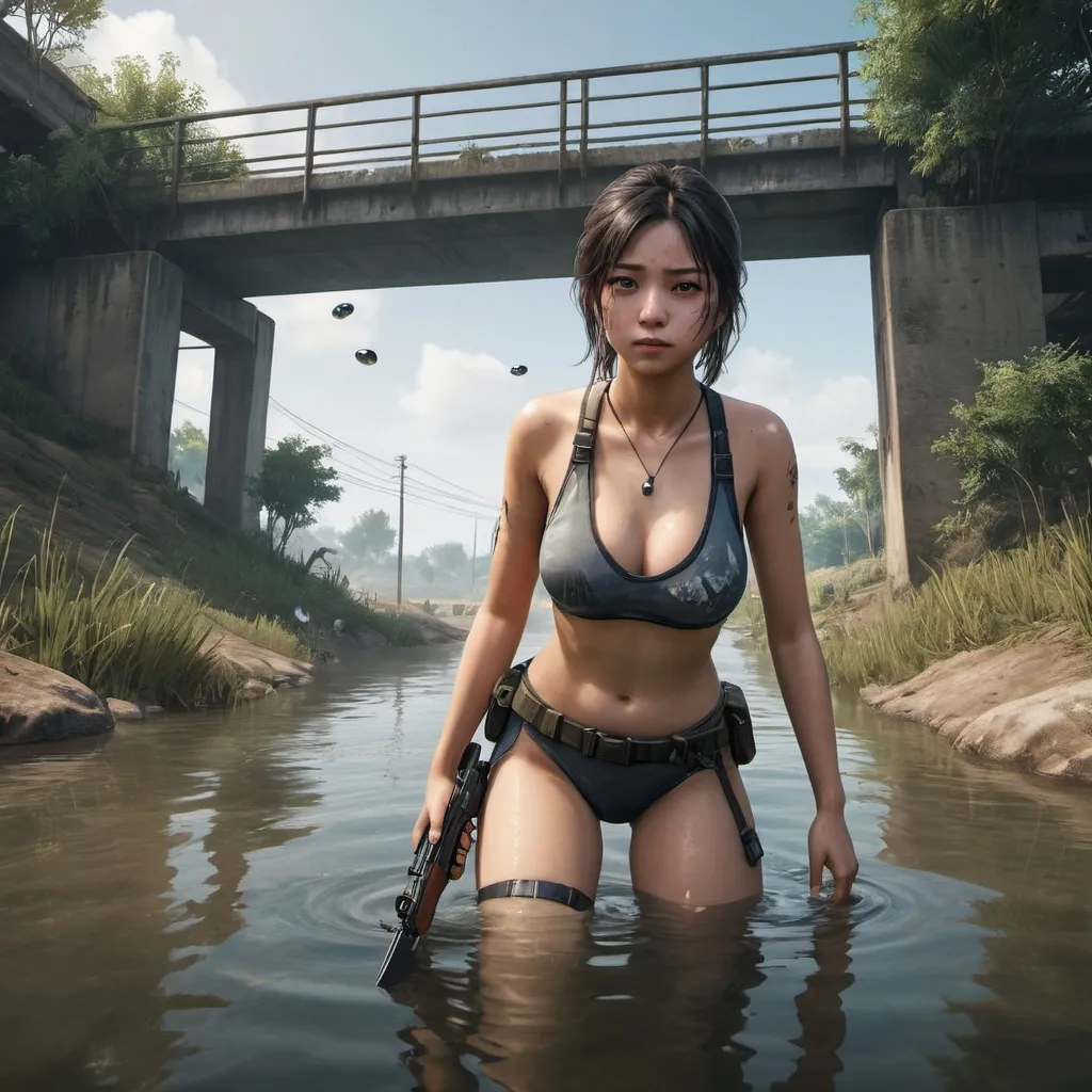 Prompt: PUBG MOBILE. An attractive adult asian girl wearing a swimsuit is hiding under the water. She is below the water level in a river under a bridge. She is holding a knife and a pistol. The girl is positioned right in front of the camera, below tge water level. She is cute, beautiful, realistic, about 20 years old, has 2 arms, 2 legs, 2 feet, 2 palms, 5 fingers on each palm and 2 eyes. The girl looks up and sees a bridge. We can also see the river bed. The water is clear so the girl is perfectly visible, but at tge background the water is a bit misty. Pubg, PUBG, PUBG Mobile, hyperrealistic, realistic, battle, shadows, girl, water, underwater, swimming, bubbles, fish, seaweed. battlegrounds, game, gaming.