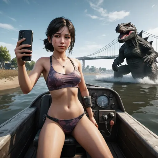 Prompt: PUBG MOBILE. An attractive adult asian girl wearing a swimsuit seats in a metal motor boat. She is driving the boat that swims through the sea at full speed. At the background, there is a giant bridge from which soldiers with parachutes jump towards her boat. Very far at the horizon a shady silouette of Godzilla appears. The girl is positioned right in front of the camera. She is cute, beautiful, realistic, about 20 years old, has 2 arms, 2 legs, 2 feet, 2 palms, 5 fingers on each palm and 2 eyes. Pubg, PUBG, PUBG Mobile, hyperrealistic, realistic, battle, shadows, girl, water, boat, bridge, sea,battlegrounds, game, gaming.