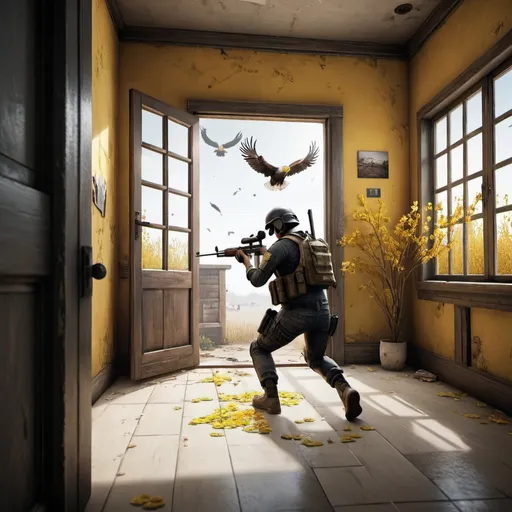 Prompt: PUBG MOBILE. The camera is inside a house. There is a room fith a door, a window and yellow wallpapers with flowers. A soldier is laying flat on the floor, aiming his rifle at the door. A white eagle flies into the room through the window towards the soldier. The eagle has two wings and is completely visible. Pubg, PUBG, PUBG Mobile, hyperrealistic, realistic, battle, nature, bird, battlegrounds, game, gaming, indoor, room.