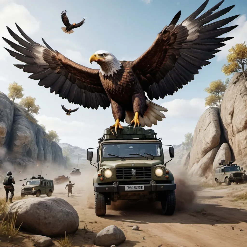 Prompt: PUBG MOBILE. An UAZ vehicle with four soldiers inside ran into a giant rock and smacked. An eagle is flying fast towards the car. The eagle has two wings and is completely visible. Pubg, PUBG, PUBG Mobile, hyperrealistic, realistic, battle, nature, bird, battlegrounds, game, gaming, indoor, room.