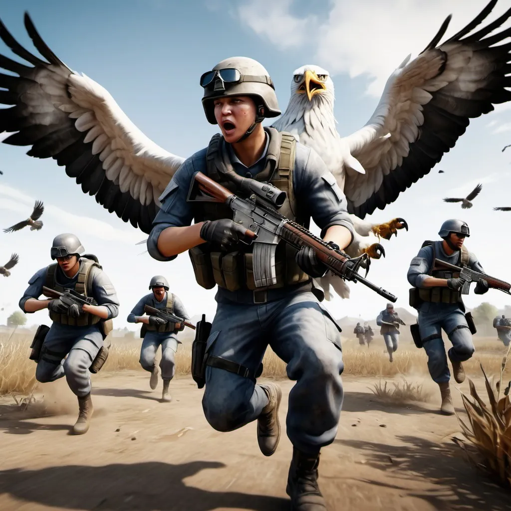 Prompt: Pung mobile. A soldier is attacked by white eagles in the field. Realistic, 8k, game, PUBG, pubg mobile, in focus, in the center of the screen