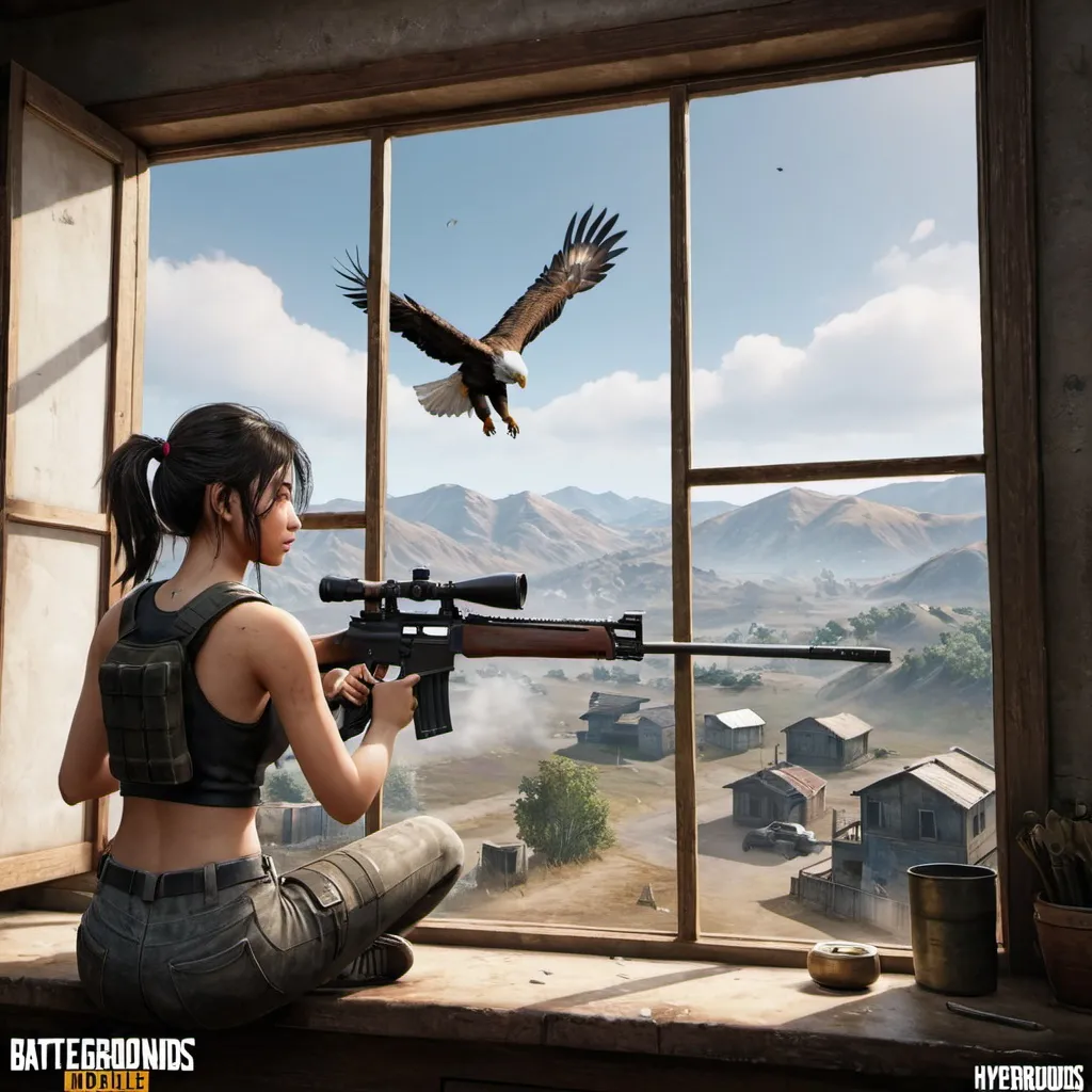 Prompt: PUBG MOBILE. An attractive asian girl wearing leggins and a crop top is sitting in a small house with a sniper rifle in her hands. She is cute, beutiful, realistic, about 20 years old, has 2 arms, 2 legs, 2 feet, 5 fingers on each palm and 2 eyes. The cabin has a big window in the center, and multiple hills can be seen on the background. The girl looks through the window as shee sees an eagle killing a soldier on the highest hill, that coul be seen clearly through the window. The eagle has two wings and is completely visible. Pubg, PUBG, PUBG Mobile, hyperrealistic, realistic, battle, nature, bird, battlegrounds, game, gaming, indoor, room.