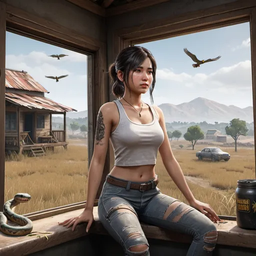 Prompt: PUBG MOBILE. An attractive asian girl wearing leggins and a crop top is sitting in a small house with a rifle in her hands. She is cute, beautiful, realistic, about 20 years old, has 2 arms, 2 legs, 2 feet, 2 palms, 5 fingers on each palm and 2 eyes. The cabin has a big window in the center, and multiple hills can be seen on the background. The girl looks through the window as she sees a car sorrounded by snakes. In the background, there is a field full of snakes slithering around. Pubg, PUBG, PUBG Mobile, hyperrealistic, realistic, battle, nature, bird, battlegrounds, game, gaming, indoor, room.