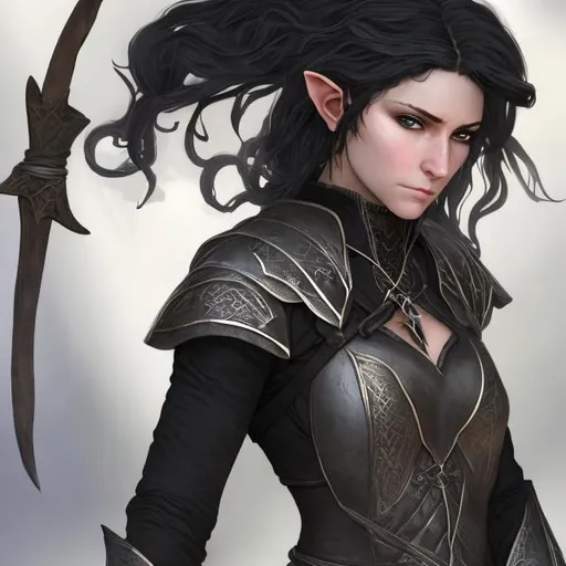 Prompt: A 4k high-quality image of a 5'3 beautiful half-elven woman with short black hair, grey-colored eyes, and fair skin, wearing a black simple leather outfit; on her waist are two scimitars sheathed alongside 2 pouches. She seems lonely. Her expression is distant and lonely