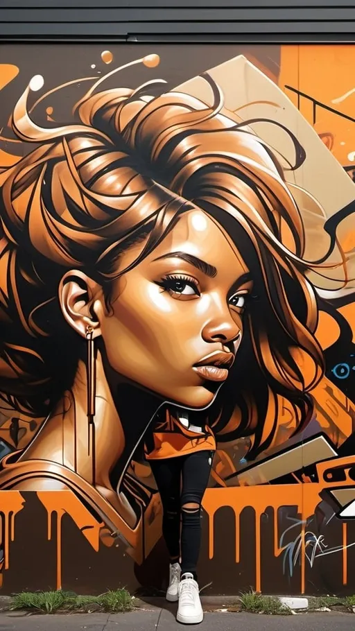 Prompt: Energetic and bold graffiti art in Sydney suburbs, dark gold and orange color tones, featuring a girl with bronze and amber hues, sharp edges, urban, street art, energetic, bold, graffiti, Sydney suburbs, bronze and amber, dark gold and orange, sharp edges, urban setting, vibrant colors, high energy, high contrast, detailed mural, street culture