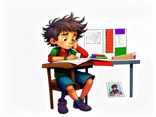 Prompt: "A children's book style illustration in vibrant colored pencil of an 8-year-old boy with scruffy hair sitting at a desk in a messy room doing math homework. The room should be colorful and lively, with toys and clothes scattered around. The boy has a focused expression, with papers and a pencil on the desk."