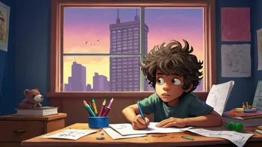 Prompt: "A children's book illustration of an 8 year old boy with scruffy hair sitting at a desk in a messy room doing math homework. The room should be colorful and lively, with toys and clothes scattered around. The boy has a focused expression, with papers and a pencil on the desk."