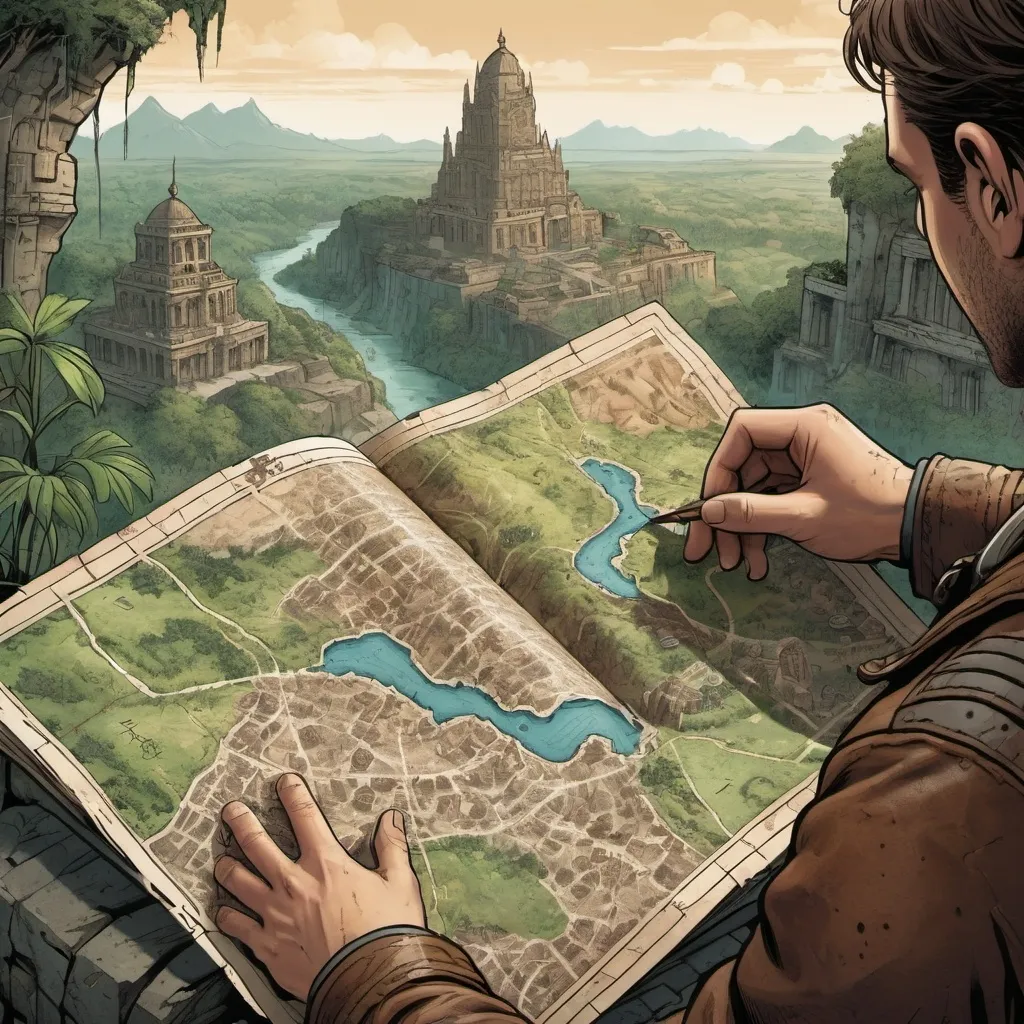 Prompt: Close-up scene in a comic book style of a person holding an ancient, weathered map with detailed illustrations of a mysterious, lost city. The person is wearing a brown leather jacket, with one hand gripping the edge of the map and the other gently holding it open. The map features rough edges and intricate, sketched designs of a grand, ancient city with towering structures and winding paths. The background is a lush, green jungle, slightly blurred to keep the focus on the map and the hands. The entire scene is illustrated with bold lines, rich colors, and shading typical of comic book art, giving it an adventurous, treasure-hunt vibe.