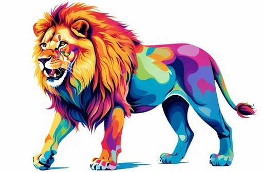 Prompt: Full-body multi-colored lion seen in profile, emitting a roar, on a white background, in vibrant colors and hand-drawn illustration style.