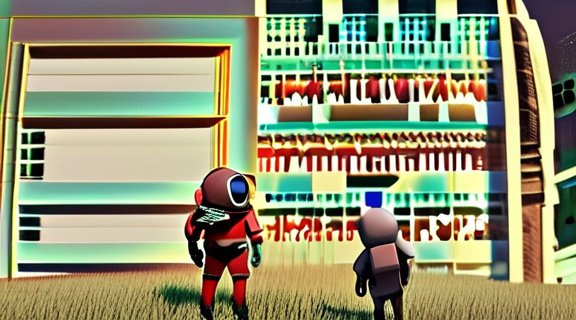 Prompt: a computer generated image of three people in scuba suits standing in a field with a sign that says little caesar, Dom Qwek, sots art, rpg, a screenshot