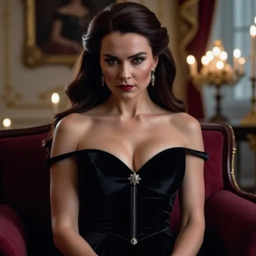 Prompt: Queen Kate showing off her sinister stare.  Her dress is tight and hugs her curves.  