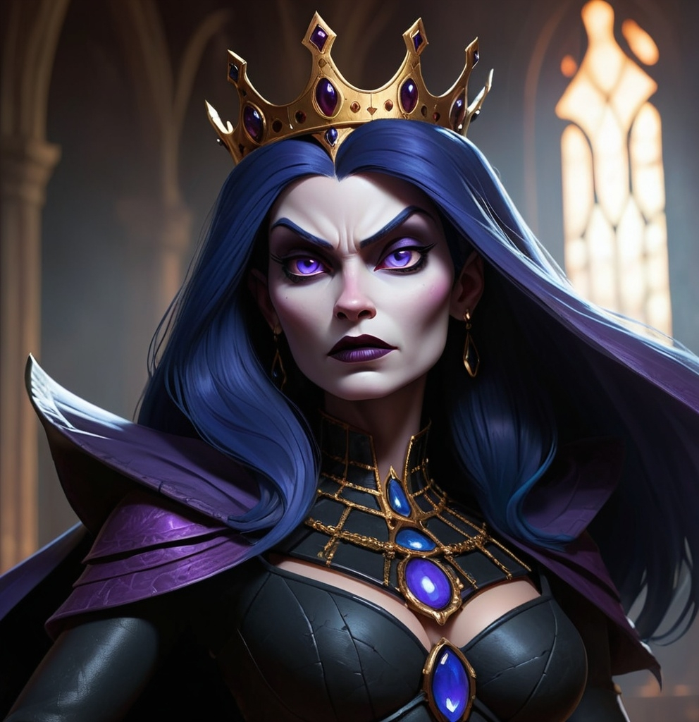 Prompt: The Dark Queen, ruler of the realm of shadows, exudes an aura of mystique and terror. Her dominion is one of unrelenting power, where the weak are devoured and the strong are forged in the crucible of her ambition. The Queen is the ruler of the digital realm.