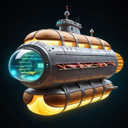 Prompt: generate a spaceship that is in the shape of a sub sandwich and has moving glowing parts in the middle that move around the perimeter of the ship