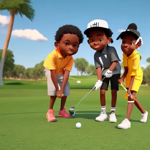 Prompt: black kids wearing hip hop gear 
playing golf having fun animation