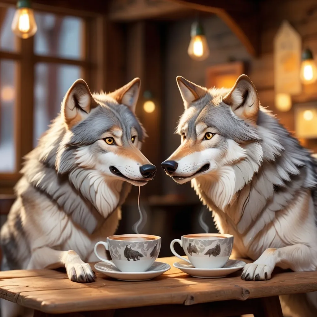 Prompt: 2 grey wolves drinking cups of coffee 