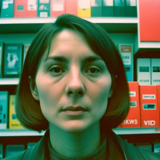 Prompt: Analog film photography still, portrait of a woman in a VHS store, grainy fujifilm film, anaglyph effect