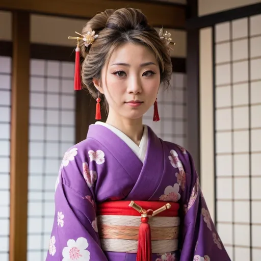 Prompt: a japanese princess, standing up, wearing a purple kimono. Show her standing up. Put a hearpin with a red tassel in her hair.