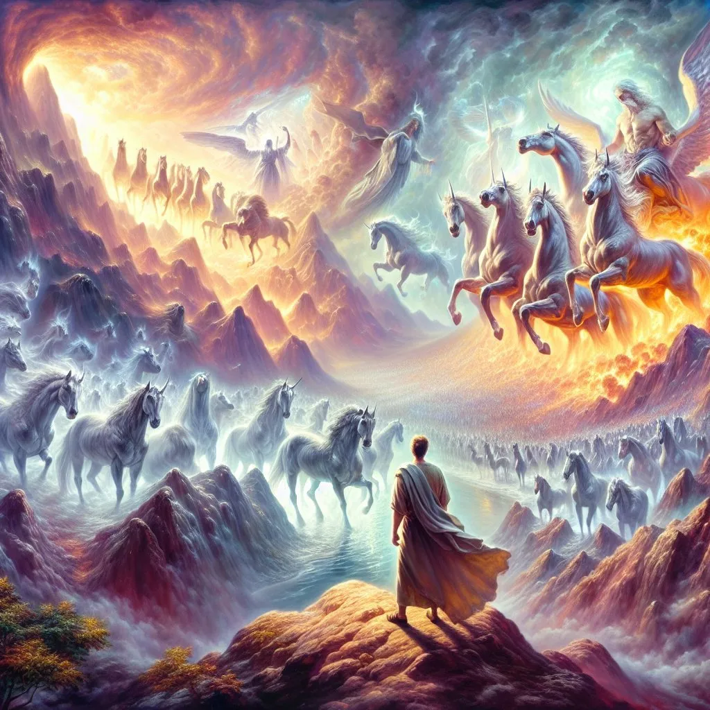 Prompt: And Elisha prayed, and said, Lord, I pray thee, open his eyes, that he may see. And the Lord opened the eyes of the young man; and he saw: and, behold, the mountain was full of horses and chariots of fire round about Elisha.