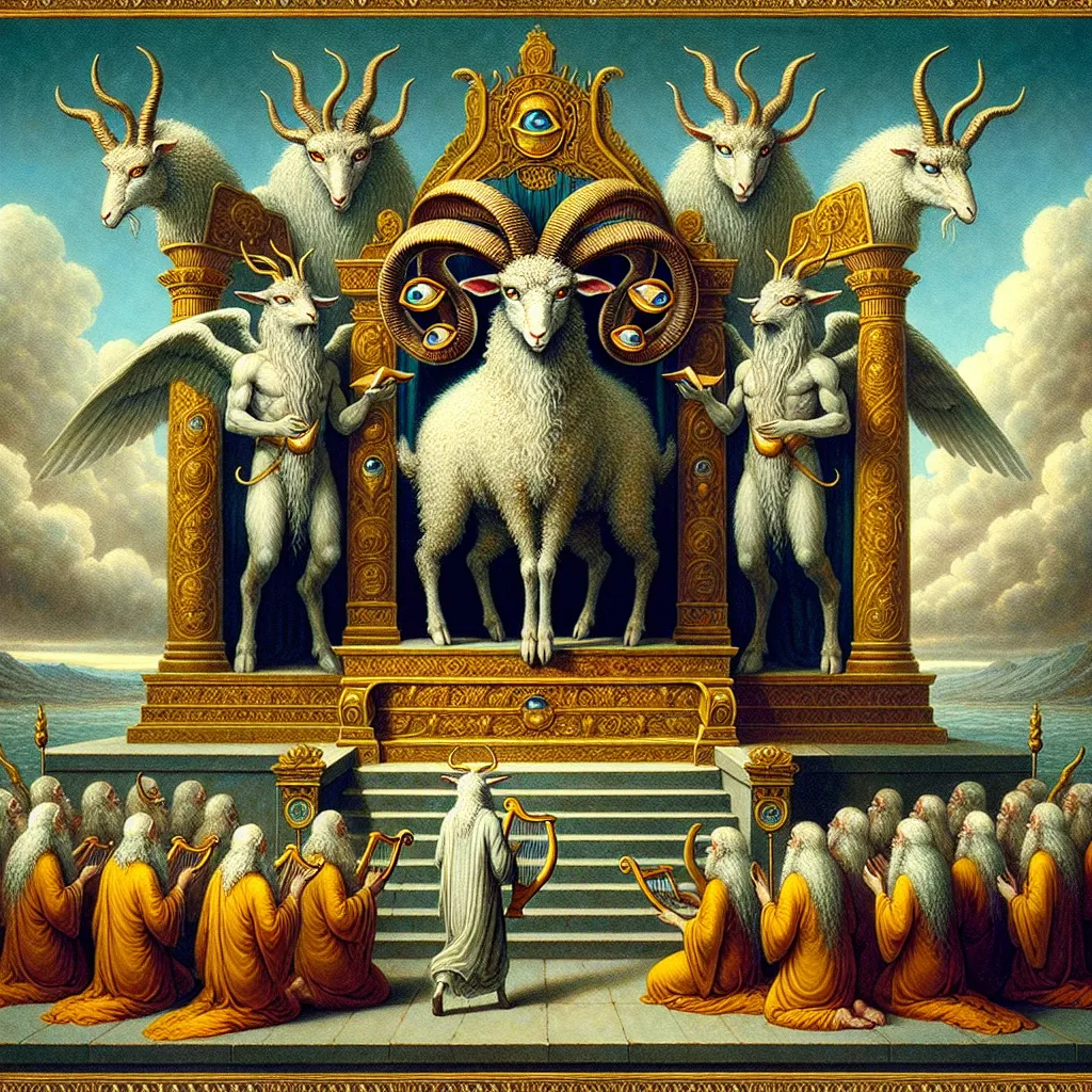 Prompt: And between the throne and the four living creatures and among the elders I saw a Lamb standing, as though it had been slain, with seven horns and with seven eyes, which are the seven spirits of God sent out into all the earth. And he went and took the scroll from the right hand of him who was seated on the throne. And when he had taken the scroll, the four living creatures and the twenty-four elders fell down before the Lamb, each holding a harp, and golden bowls full of incense, which are the prayers of the saints