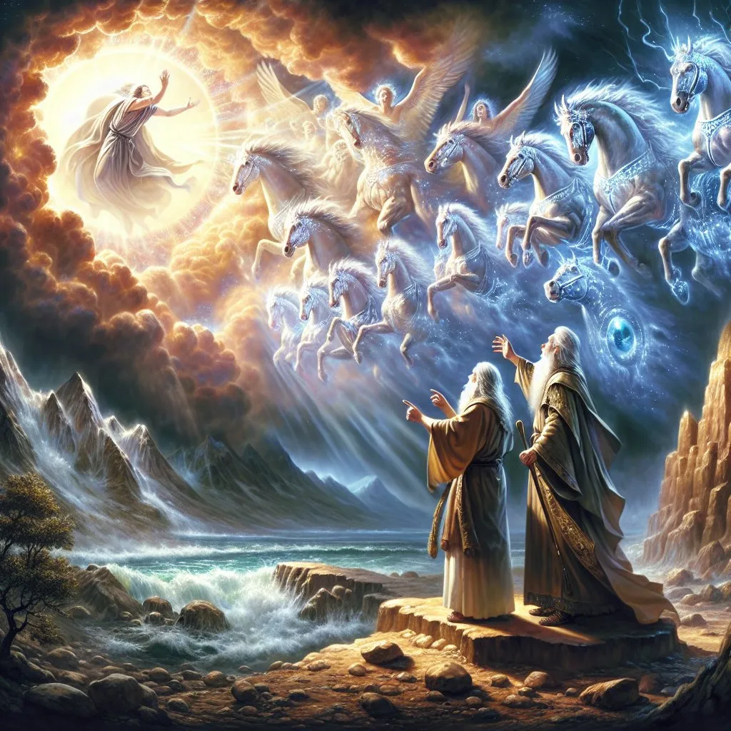 Prompt: And Elisha prayed, and said, Lord, I pray thee, open his eyes, that he may see. And the Lord opened the eyes of the young man; and he saw: and, behold, the mountain was full of horses and chariots of fire round about Elisha.