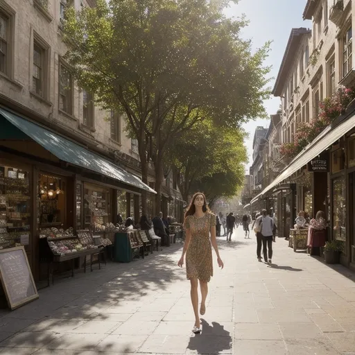 Prompt: Tall young woman walking down the high street, detailed clothing, realistic, natural lighting