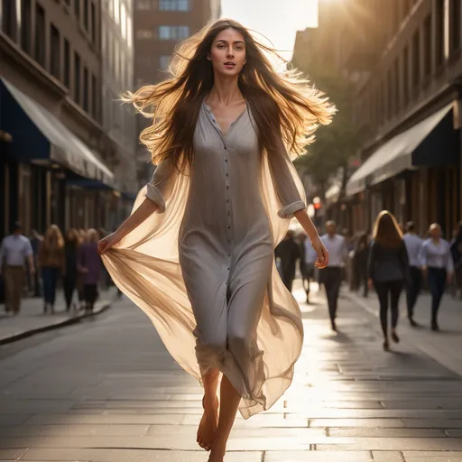 Prompt: Tall young woman walking down the high street, detailed clothing, realistic, natural lighting