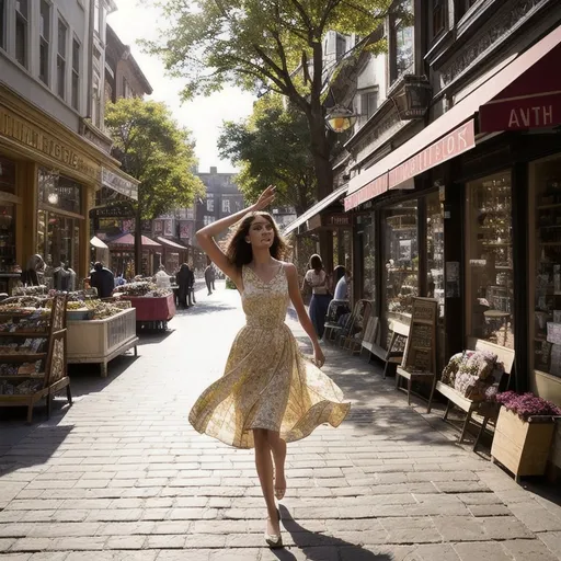 Prompt: Tall young woman walking down the high street, detailed clothing, realistic, natural lighting