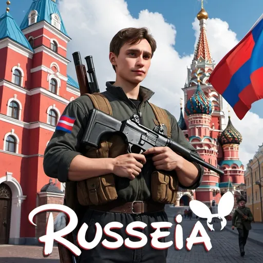 Prompt: Male Russia the cover of a Disney movie. Include a hunter holding a dead rabbit and a gun in front of one of their buildings. Add lots of colour and the Russian flag. Make sure to have the words Russia written across the front add the Disney logo below the Russia 