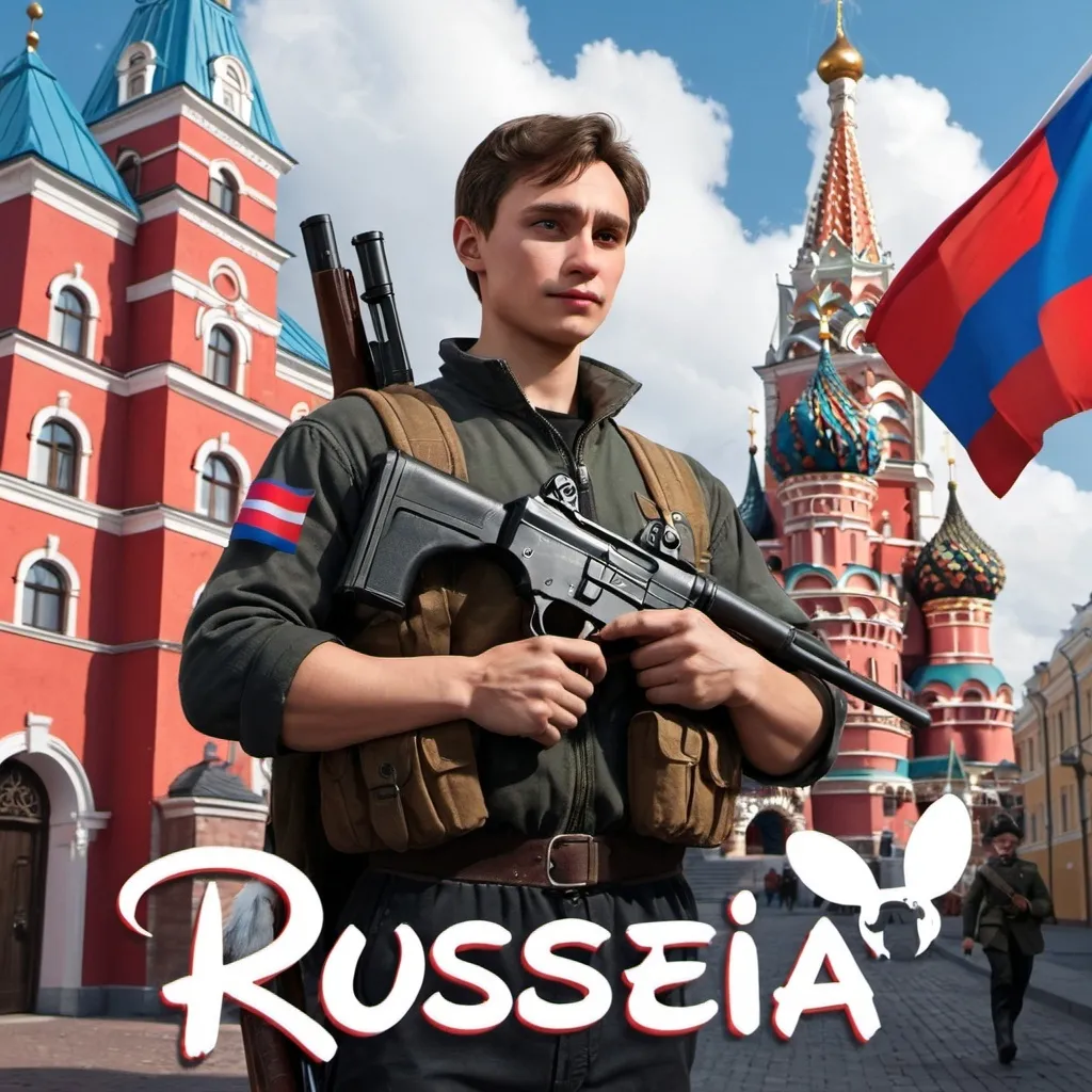 Prompt: Male Russia the cover of a Disney movie. Include a hunter holding a dead rabbit and a gun in front of one of their buildings. Add lots of colour and the Russian flag. Make sure to have the words Russia written across the front add the Disney logo below the Russia 