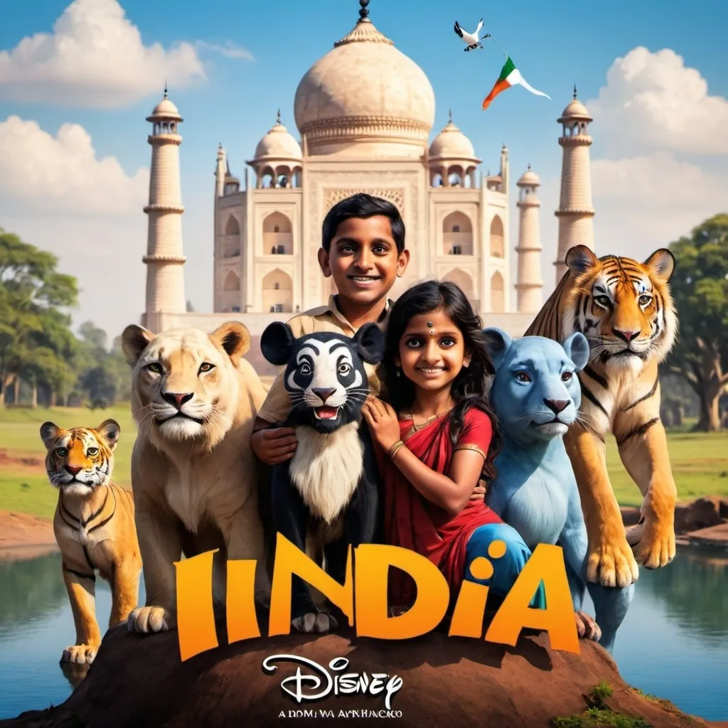 Prompt: Make India as a Disney movie cover add lots of Indian animals and colours and include the flag include 2 parents and a kid with the lettering India going across tje middle