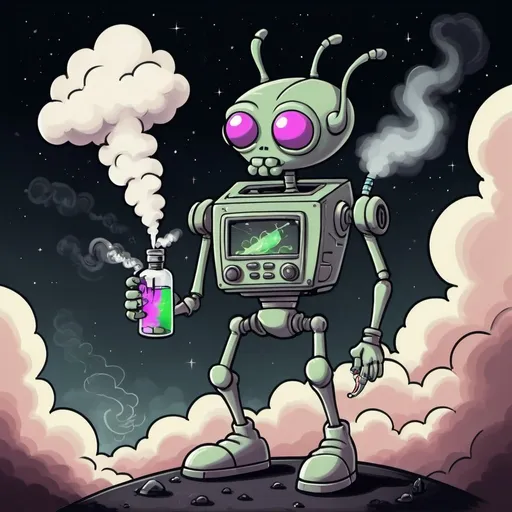 Prompt: A doodle art portraying a vintage space themed retro alien that looks like Invader Zim holding a vape with lots of cloud and smoke in the background