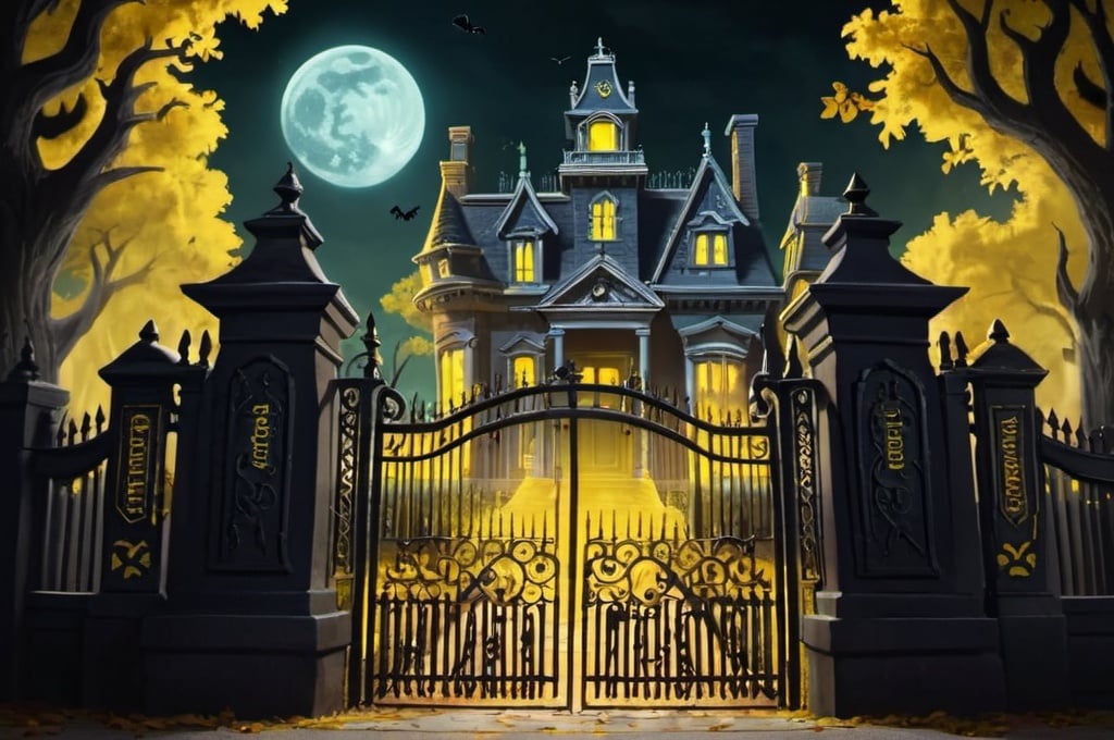 Prompt: Dark exterior of a Haunted Mansion scene with a graveyard in front with iron gates. Yellow cursive writing at the top with the words "Tales of Mystery and Imagination"