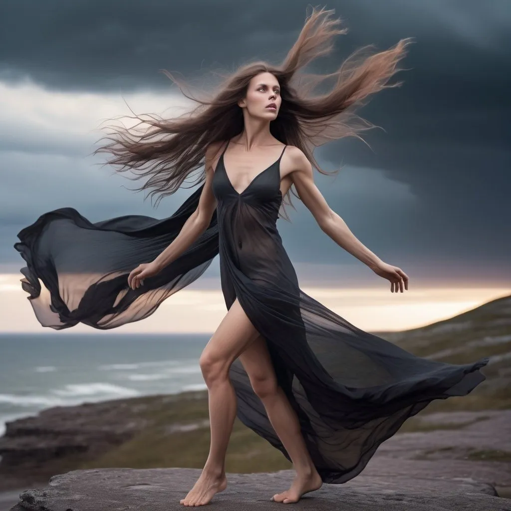 Prompt: nordic woman, tall, toned muscles, long flowing hair, dark sheer fabric flowing in wind, accentuating body shape, bare feet, longing look, rosy cheeks, bright eyes, lightning, eerie landscape, raven flying