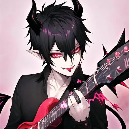 Prompt: Single (male, short black hair, beautiful eyes), demon form, smiling handsomely, well built, hearts around him, holding electric guitar, mature, devil tail, black devil horns on head, pointed ears, edgy, symmetrical face, realistic eyes, realistic mouth, gentle expression, symmetrical eyes, tongue out, attractive male

