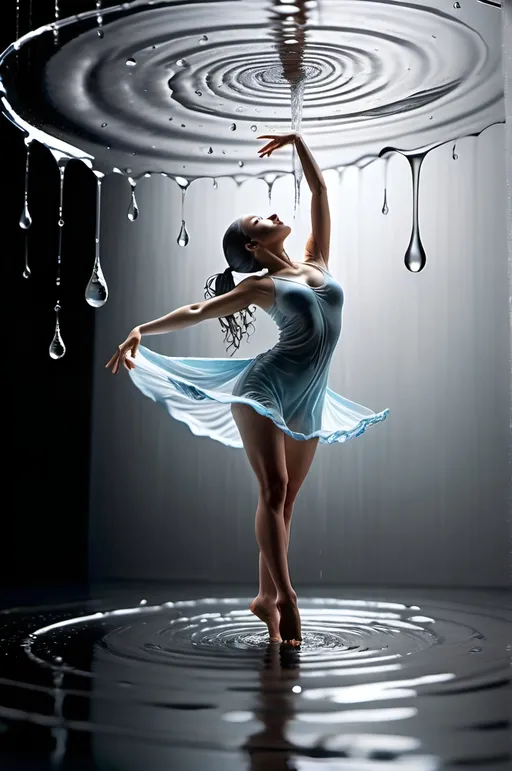 Prompt: hyper-realistic, detailed world where water droplets possess unique lives and personalities, engaging in an aerial dance with twirls and swirls in complex patterns, from the viewpoint of an individual droplet, capturing its emotions and journey upon reaching the ground where the dance morphs into a different expression