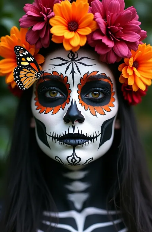 Prompt: Create image of a woman with face painted for Dia de los Muertos (Day of the Dead). Her face is symmetrically split down the middle with black and white makeup, creating a stylized skeleton look. The right side of her face is predominantly white with black designs mimicking skull features, such as hollows around the eye and designs on the cheeks and forehead. This side features intricate spiderweb designs on the forehead and a prominent orange flower painted around the eye. The left side of her face has similar patterns with the addition of an orange, petal-like design around the eye.

Her eyes are accentuated with heavy black eyeliner and lashes, enhancing the dramatic effect. Her lips are painted in a striking black and white split, coordinating with the overall theme of her face.

She's adorned with large, floral headgear dominated by bright orange, dark red, and pink flowers interspersed with dark green foliage. This frames her face and extends slightly outward, providing a vibrant burst of colors.

A butterfly with realistic orange, black, and white patterns rests on the left side of her facial headgear, adding a soft, natural element against the vivid and bold colors of the flowers.

The woman's attire includes a high-collared piece that flares out around her neck, styled in black and white stripes that align with the thematic colors of her makeup. The overall mood is somber yet celebratory, capturing the essence of the cultural celebration with a modern artistic twist. The background is