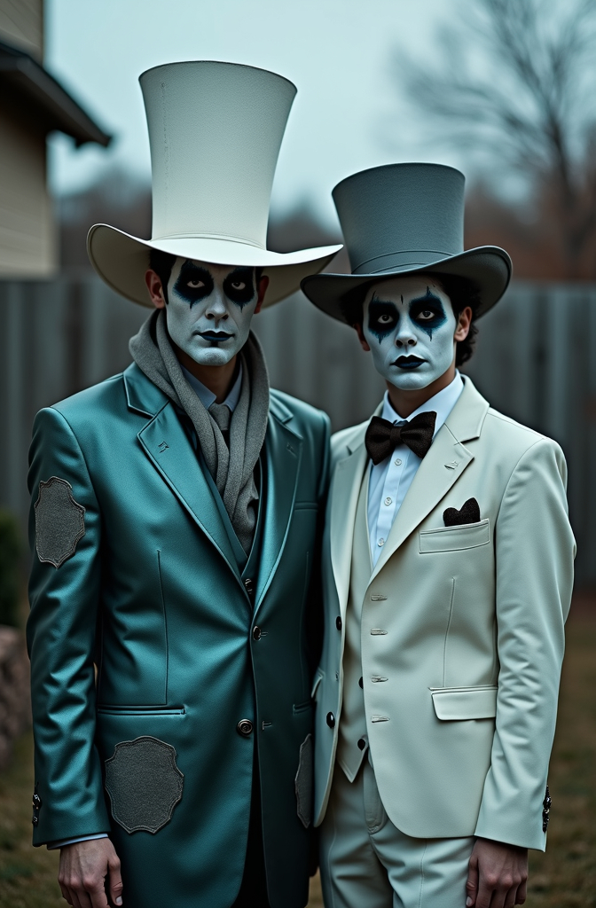 Prompt: Insanely detailed realistic professional photograph of two individuals dressed in ghostly costumes, standing in a suburban backyard at dusk. The person on the left is wearing a wide-brimmed white hat, a metallic teal suit with grayish patches, and a cravat; their face painted pale with dark, pronounced features around the eyes. The person on the right wears a gray top hat, an off-white suit with similar patches, and a bowtie. Their face also shows a pale base with dark eye accents and a contoured jawline. Behind them is a wooden fence and a residential structure, slightly blurred, focusing the view on the duo. Dim natural lighting suggests evening, adding a somber, eerie mood to the scene, appropriate for a festive Halloween theme.