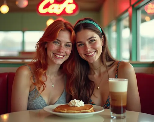 Prompt: Create image featuring two women seated in a diner, exuding a retro, cozy vibe reminiscent of the 1970s. The woman on the left sports red, wavy hair and freckles, adorned with a teal-patterned headband. (bare-chested naturistic: 1.5). Her smile is welcoming and her gaze directed slightly off-camera. The woman on the right, mirrors the cheerful expression. She has extremely long medium brown hair and freckles. (bare-chested naturistic: 1.5) A plate of pancakes with a dollop of cream is in front of her, alongside a tall glass containing a layered coffee beverage. The background, blurred, a typical diner - notice of a neon "Cafe" sign visible. The scene's color palette has warm, golden hues, leveraging natural light streaming through the window, suggesting a late morning setting. The overall ambiance is joyful and nostalgic.