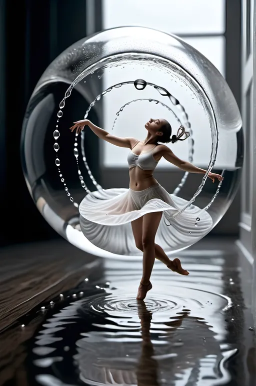 Prompt: hyper-realistic, detailed world where water droplets possess unique lives and personalities, engaging in an aerial dance with twirls and swirls in complex patterns, from the viewpoint of an individual droplet, capturing its emotions and journey upon reaching the ground where the dance morphs into a different expression