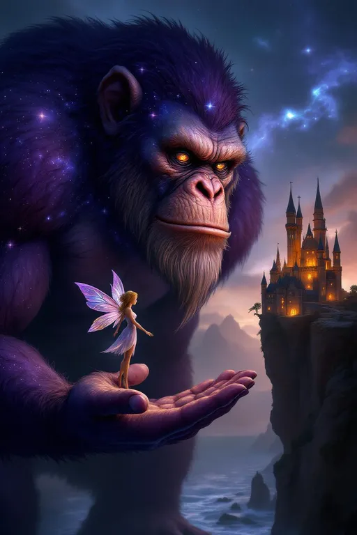 Prompt: This is a highly detailed, digital fantasy artwork depicting a colossal, anthropomorphic ape-like creature with a muscular, purple-hued body and a face resembling an old man, complete with wrinkled skin and a long, pointed nose. The creature's large, expressive eyes are focused on a small, fairy-like figure with translucent, iridescent wings that glow in shades of purple and blue. The fairy stands delicately on the creature's outstretched, massive hand. The ape-like creature's fur is textured with a cosmic pattern, blending stars and galaxies, adding a mystical element to its appearance.

In the background, there is a dramatic coastal scene with towering cliffs and a small, illuminated medieval-style castle perched on the edge of the cliff. The castle has tall, pointed towers and is bathed in warm, golden light, contrasting with the cool blues and purples of the night sky and ocean. The sky is filled with stars and a nebulous, cosmic aura, enhancing the fantastical atmosphere. The ocean below is dark and calm, reflecting the starry sky. The overall composition combines elements of fantasy, mythology, and surrealism, creating a vivid and enchanting scene.