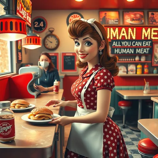 Prompt: A whimsical  wearing a classic diner waitress uniform, complete with a red polka dot dress and apron, serving steak and potatoes in a vintage American diner(counter/milkshake machine/cook area).  (All You Can Eat Human Meat) in letters on menu board,  playful expression. Textured painterly fantasy in artistic oil paint splashes intuitively.whimsical watercolor painting 3D HD cinematic 225K