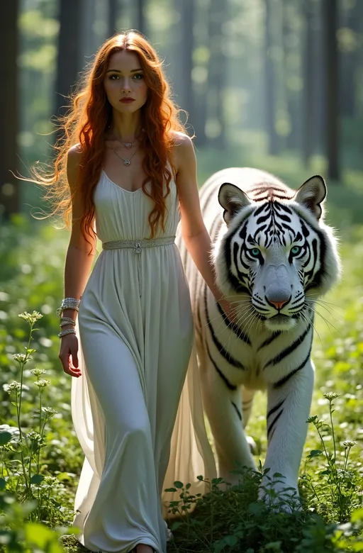 Prompt: Insanely detailed realistic photograph of a gorgeous young lady and a white tiger in a forest setting. The woman, who has fair skin and extremely long, flowing red hair and freckles, is dressed in a (modest), flowing, dress made of white fabric that has sleeves, high neckline almost reaches the ground. She wears a silver necklace and matching armbands. Her physique is slender yet athletic. She walks confidently with her right hand resting on the white tiger's back.

The white tiger, with its striking white fur and black stripes, walks closely beside her, its piercing blue eyes fixed forward. The tiger's fur is smooth and glossy, reflecting the sunlight filtering through the forest canopy. The forest background is lush with green grass and tall trees, with sunlight streaming through the leaves, creating a magical, ethereal atmosphere. The light and shadows are soft, enhancing the serene and mystical quality of the scene. The overall composition and colors evoke a sense of harmony between the woman and the animal, set in a tranquil, enchanted forest.