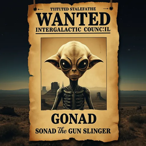 Prompt: A photorealistic image of an old weathered worn torn wanted poster revealing an alien, "Wanted by the Intergalactic Council" spelled correctly at the top of the poster, "Gonad the Gun Slinger" spelled correctly at the bottom of the poster. The old weathered worn and torn poster is vertically oriented, with the edges rough and uneven, as if ripped by hand. The contrast between the textured paper and the detailed landscape creates a striking visual effect,