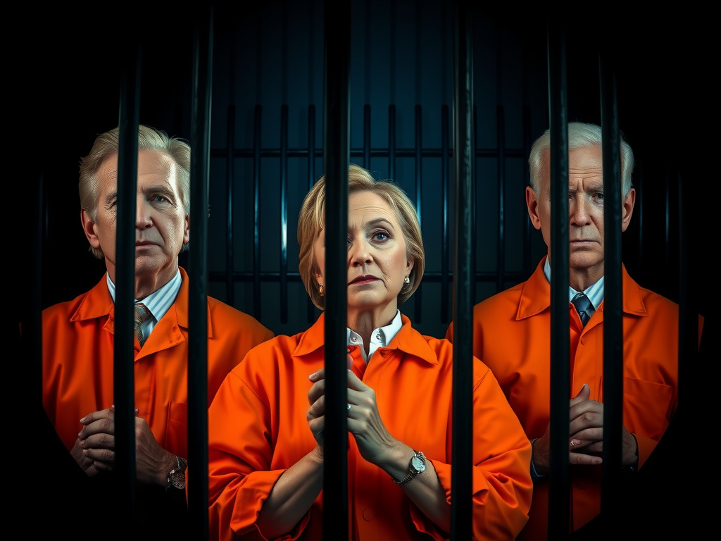 Prompt: (a powerful image of 3 political leaders), Hillary Clinton, Barrack Obama, Joe Biden, (all wearing orange prison uniforms), standing together, behind prison bars, (dark and gritty ambiance), (high contrast lighting), (evocative expressions), (capturing tension and atmosphere), (ultra-detailed), (circular framing), intense colors, (the backdrop reveals a gloomy prison setting).