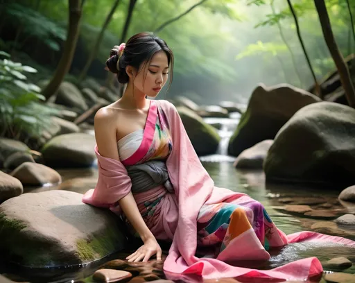 Prompt: Create image of an Asian woman with dark hair tied up, wearing a colorful, patterned cloth wrapped around her torso. She's sitting on large, dark rocks in a flowing, shallow stream. The woman is dipping a pink cloth into the water with her left hand. A traditional, conical straw hat is placed on the rock to her right. The scene is set in a lush forest with dense greenery, where sunlight filters through the mist, creating a soft, dreamy atmosphere. Background elements include blurred tree trunks and foliage. The color palette is a mix of natural greens, browns, and greys, contrasted by the vibrant colors of the woman's attire and the pink cloth. The overall mood is serene and tranquil, capturing a moment of calm and natural beauty.