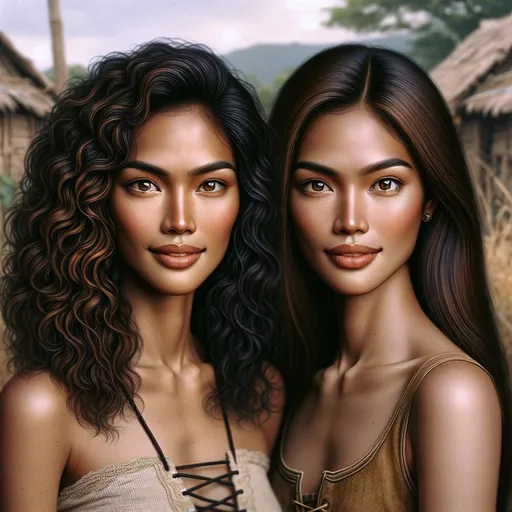 Prompt: Insanely detailed professional realistic photograph of Two Gorgeous Sisters, in a country environment.

Left Sister: A native American woman with voluminous, shoulder-length curly hair cascading in shades of dark brown with hints of auburn highlights. She has pronounced cheekbones, a gentle smile, and brown eyes looking directly at the viewer. She wears a lace up halter top, cutoff short shorts. Bare legs, anklets. 

Right Sister: A Filipina woman with long, straight hair that shines in a uniform chestnut color, extending to mid-chest. Her complexion and facial features closely resemble the first woman, suggesting they could be the same person with different hairstyles. She also wears a lace up halter top, cutoff short shorts. Bare legs, anklets.  and has a subtle smile with her brown eyes making direct contact with the viewer.

Both have minimal, natural-looking makeup emphasizing their eyes and lips subtly. HD extremely realistic, imperfect skin, pores, freckles. 