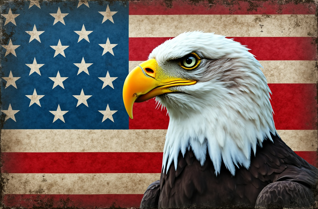 Prompt: Insanely detailed realistic professional double exposure photograph featuring a close-up of a bald eagle on the right side, overlapping a grungy American flag. Focus on eagle's head, visible from its right side, showing intricate feather details in shades of white and brown and a sharp, yellow beak. Eagle's eye extremely detailed, in a light yellow, with a large black pupil. The background, a distressed American flag, extends over the entire canvas, blending red and blue strips, which are faded and overlayed with grungy textures, alongside white, paint-splattered stars on a blue background on the upper left side. The image’s edges bear a dark vignette, enhancing an aged, vintage effect. Aim for a texture that resembles peeling paint throughout, contributing to an overall rustic and powerful visual narrative.