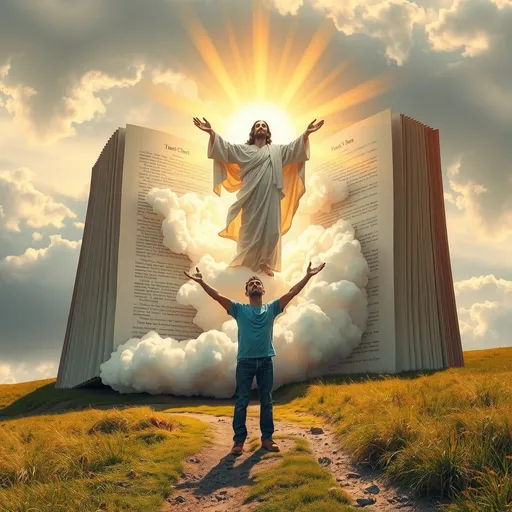 Prompt: Create image of a surreal scene. A gigantic, open book, vertical and radiating golden light, serves as background. Pages filled with detailed text frame the book's interior. Emerging from the book, a Jesus Christ dressed in flowing white robes exudes divine light. The figure floats on swirling, billowing clouds that extend from the book's base to the ground. The figure reaches outwards with grace and serenity. In the foreground, a man in modern casual clothing—blue shirt, jeans, brown shoes—extends his arm towards the divine figure in reverence. He stands on a dirt path amidst a grassy, slightly hilly landscape. Wisps of clouds and golden hues infuse the background sky, blending with the earthly tones below. The overall color palette mixes soft, muted greys and whites of the clouds with deep, warm earth tones and golden illumination, creating a harmonious and ethereal atmosphere. The proportions magnify the divine figure and the book, emphasizing their surreal and spiritual essence.