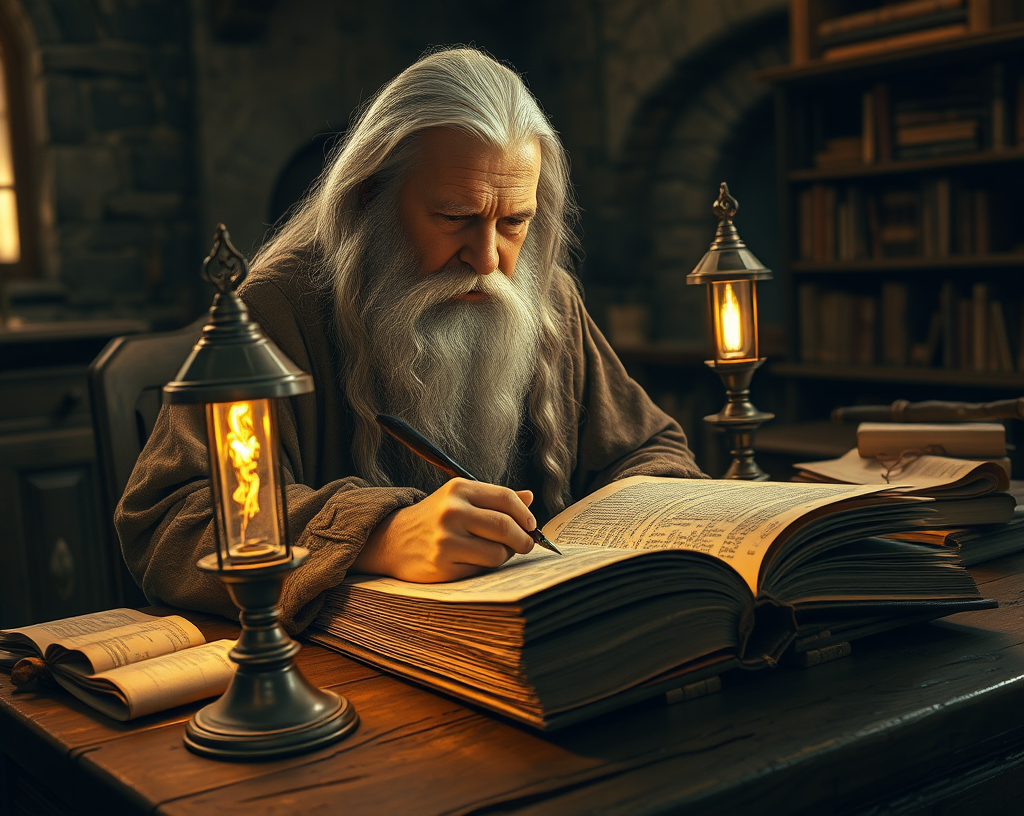 Prompt: Insanely detailed realistic professional photograph of an elderly man with long, flowing white hair and a full beard, deeply focused on writing in a large, ancient book using a quill. His apparel is a rustic, earth-toned robe reminiscent of medieval scholars. The setting is an old, dimly lit room filled with wooden furniture and aged stone walls that suggest a historical or fantasy setting. On the table, there is an ornate metal lamp casting a warm, golden glow, enhancing the atmosphere of intense study and antiquity. Various scrolls and books are scattered around, indicating a scholar’s workspace. The background features indistinct elements like shelves laden with books and artifacts that add to the richness and depth of the scene. The overall palette is warm with browns, ambers, and soft golden hues, emphasizing a feeling of warmth and timelessness. The lighting focuses on the man’s face and the open book, highlighting the expressions of concentration and the text being written.