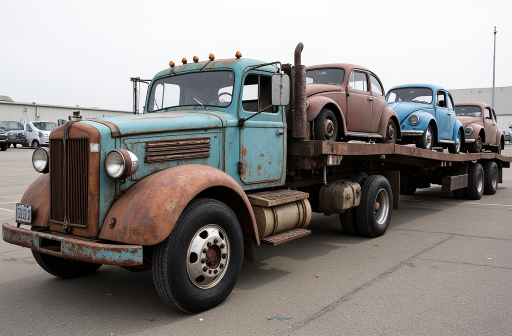 Prompt: Insanely detailed professional photograph of a long, rusty flatbed truck with a curved front and a cab-over-engine design, laden with various rusted vintage Volkswagen cars, primarily in blues and browns. The truck and cars show extensive wear and aging, enhancing a sense of decay. Background is a nondescript blurred parking lot.